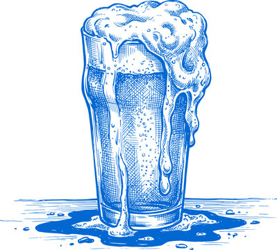 Handdrawn sketch of a glass of beer overflowing with foam