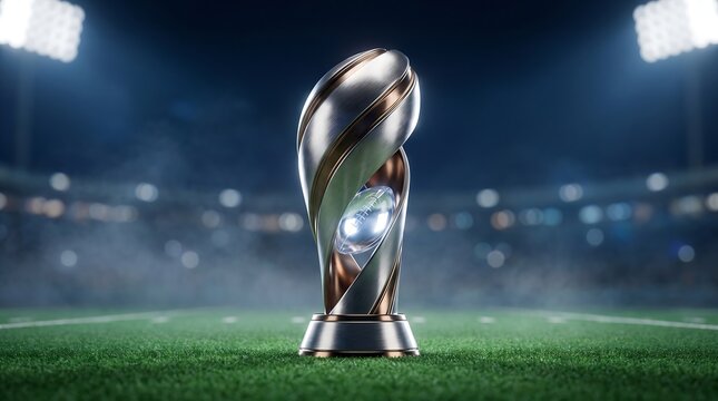 Championship football trophy standing on a professional stadium field under bright stadium lights at night