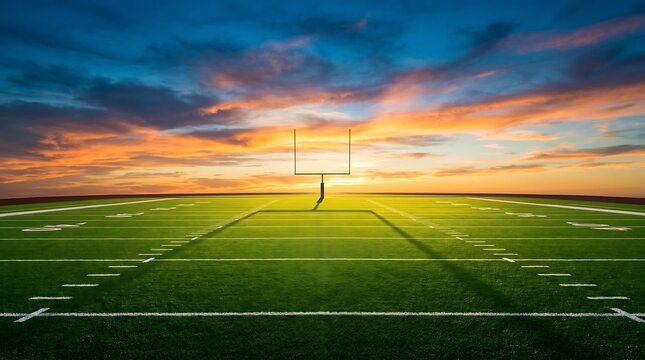 American football field with goal post at sunset