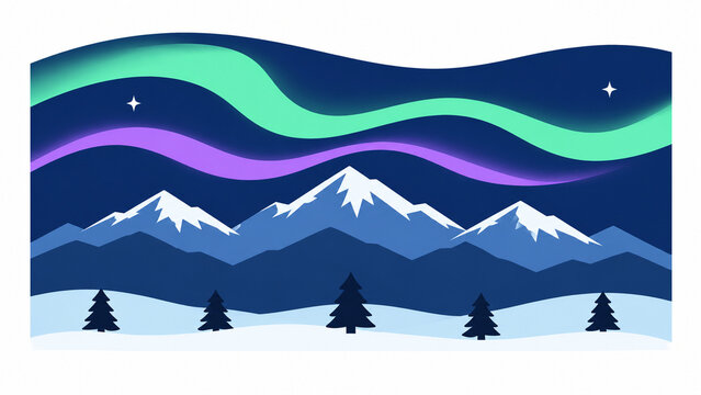 Flat northern lights bands over snowy mountains and pine trees