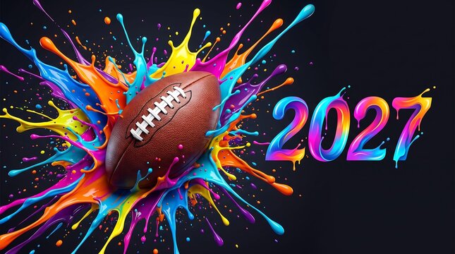 American football ball surrounded by colorful paint splashes and 2027 text on a black background