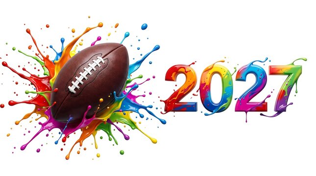 American football ball with vibrant colorful paint splashes and the year 2027 isolated on white background