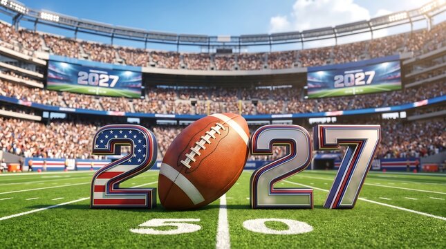 American football stadium field with 2027 year signage and football ball in the center