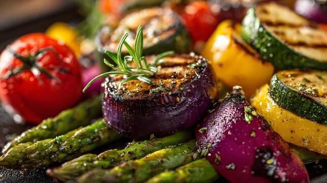 Grilling colorful healthy vegetables with herbs and spices for a delicious meal