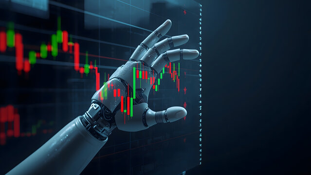 Robotic hand analyzing financial data on a digital screen, AI robot finger pointing at stock market charts, futuristic artificial intelligence trading