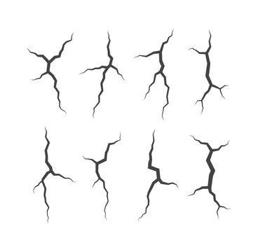 Set of eight different crack and fissure elements isolated on transparent background