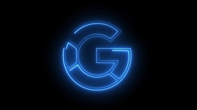Glowing blue neon letter G search engine icon web symbol dark background.