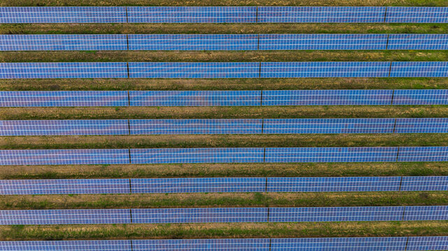 Fleet, United Kingdom - 18 September 2026: Aerial view of solar panels arranged in long rows across a green field, capturing the scale of renewable energy infrastructure.