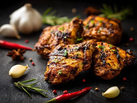 Grilled chicken thighs marinating with herbs and spices on dark background