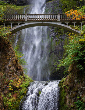 Benson Bridge spans between the two tiers of Multnomah Falls along the Columbia River Gorge in Multnomah County Oregon.
