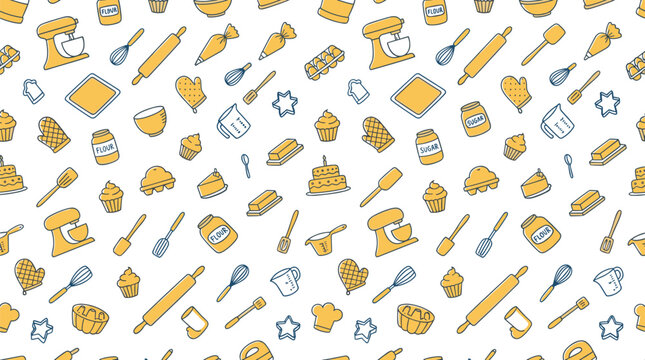Seamless pattern with baking tools and ingredients