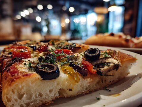 Vegetable pizza slice on plate enjoying outdoor lunch