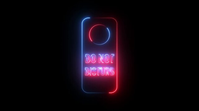 Glowing red blue neon do not disturb door hanger icon hotel sign symbol dark background.