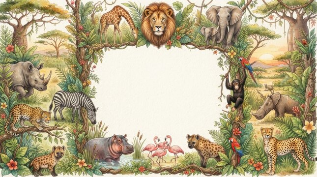 Safari animals watercolor border frame with savanna landscape