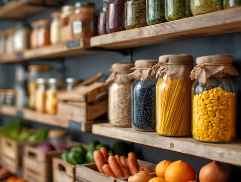 Pantry shelves displaying jars of colorful spices, ingredients, and burlap bags