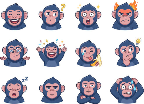 Set of cute monkey character stickers with various emotions and expressions