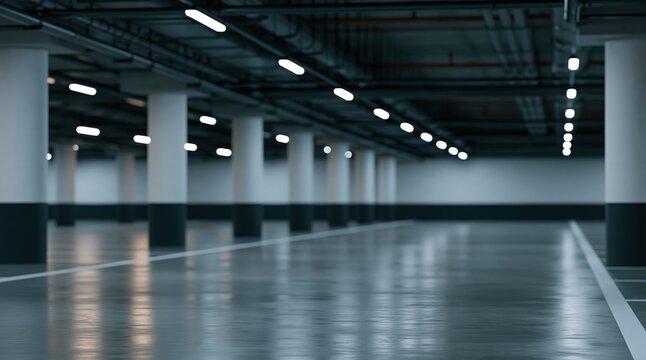 Empty underground parking lot with concrete pillars and reflective floor