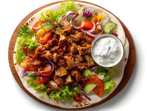 Chicken shawarma serving with fresh salad, cucumbers, tomatoes, pita, and tzatziki sauce