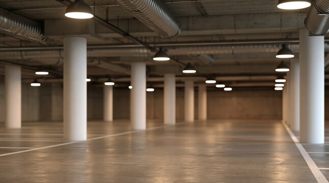 Empty underground parking garage with white columns and industrial ceiling lighting