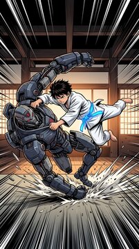 Young boy in white karate gi with blue belt kicking a dark gray robot in a traditional Japanese dojo with debris and motion lines.