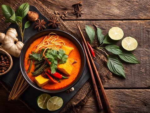 Traditional thai red curry with chicken, bell peppers, fresh basil, and white rice