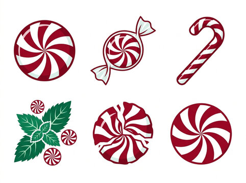 Red and white peppermint candies with candy cane and fresh mint leaves.
