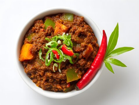 Pork curry stew showcasing savory flavors with fresh cilantro on a white background