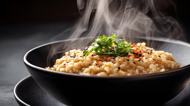 Creamy italian risotto steaming in a black bowl, garnished with fresh basil