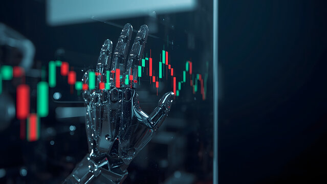 Robotic hand analyzing financial data on a digital screen, AI robot finger pointing at stock market charts, futuristic artificial intelligence trading