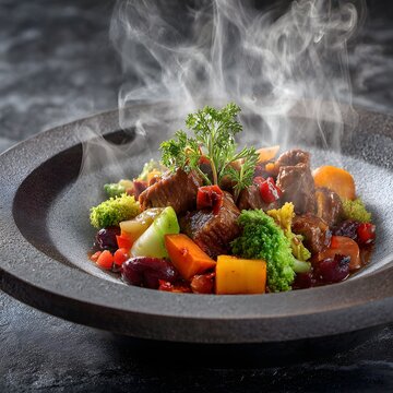 Gourmet braised beef slowly cooked with aromatic herbs and vegetables, served hot