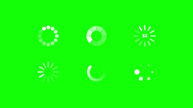 Set of Six White Circular Loading Progress Bars with Percentage Indicators on Green Screen Alpha
