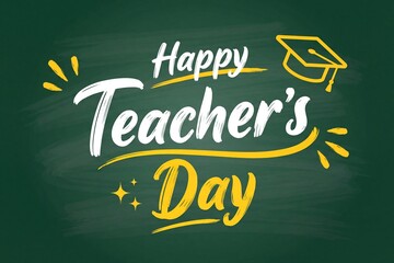 Obraz premium Happy Teachers Day typography artwork on green chalkboard background, educational appreciation greeting design for school banners 4K