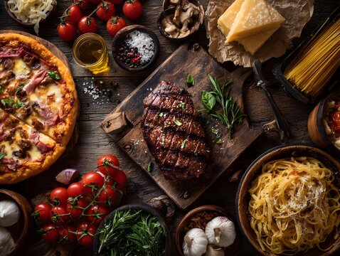 Gathering various fresh ingredients for preparing delicious traditional italian cuisine