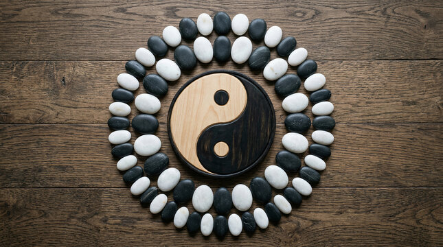 Yin yang symbol crafted from black and white stones on a wooden surface perfect for harmony zen meditation and spiritual balance concepts