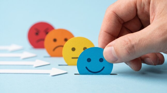Hand slide blue happy face disc on emotion rating scale over light blue background