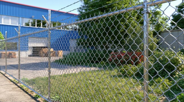 Chain link fence with barbed wire in front of industrial warehouse building