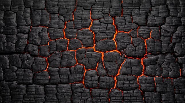Charred wood with glowing orange ember cracks