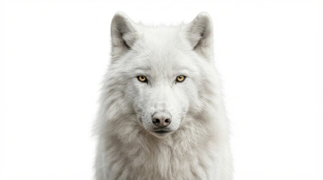 Close-up portrait of a majestic white wolf with piercing yellow eyes