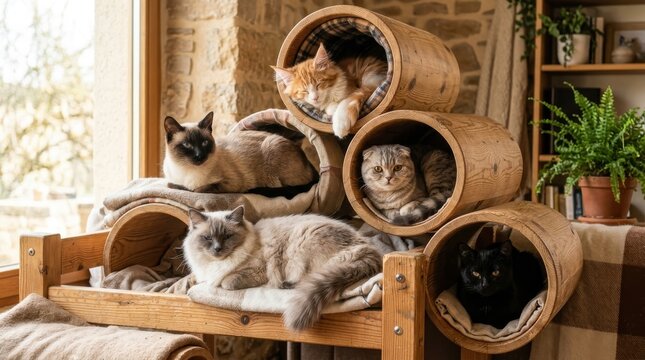Multiple cats resting in a wooden cat tree structure indoors