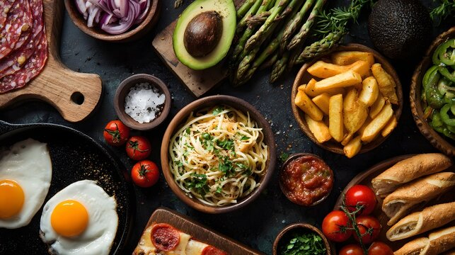 Healthy ingredients for cooking including salmon fillet, avocado, and various spices on wood