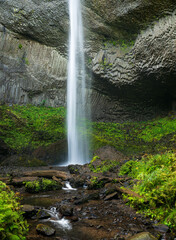 Latourell Falls cascades down a tall columnar basalt cliff surrounded by temperate forest in the Columbia River Gorge, Oregon. © steheap