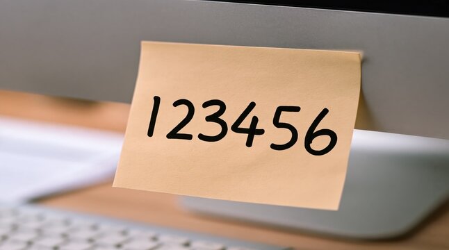 Handwritten numbers 123456 on yellow sticky note stuck to office computer screen