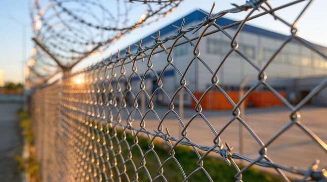 Chain link fence with barbed wire and industrial building at sunset