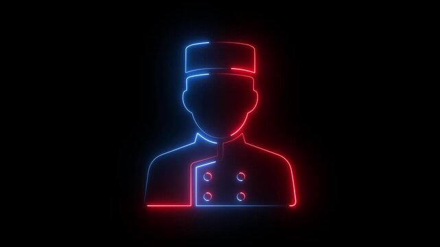 Glowing red blue neon bellboy icon hotel porter concierge staff symbol dark background.