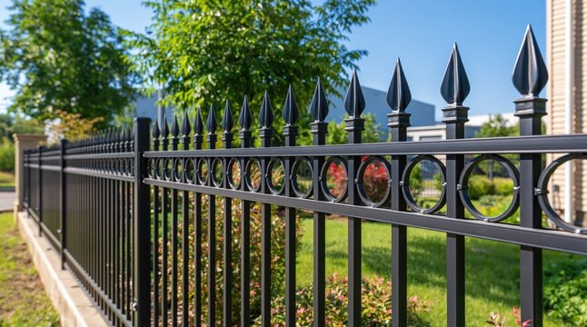 Black ornamental metal fence with spear finials and circular patterns in garden