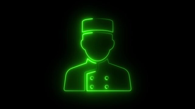 Glowing green neon bellboy icon hotel porter concierge staff symbol dark background.