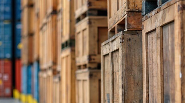 Stacked wooden shipping crates and cargo containers in storage