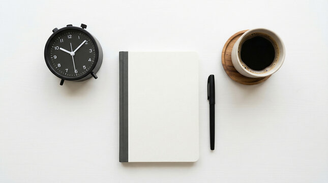 Blank notebook with a coffee cup clock and pen on a white desk perfect for business time management office planning and creative writing