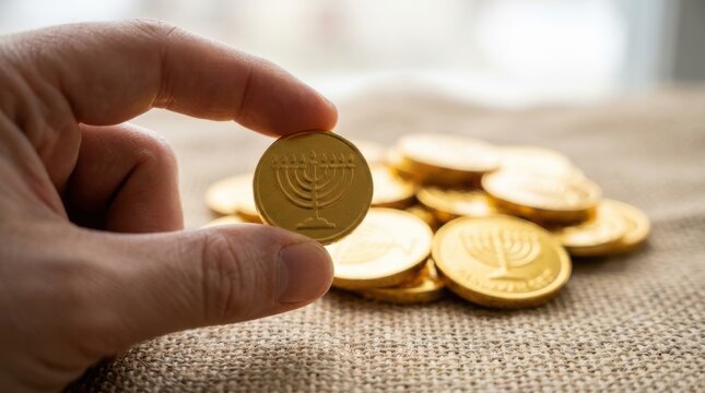 Hand holding a Hanukkah gelt coin with a menorah design over a pile of gold coins.