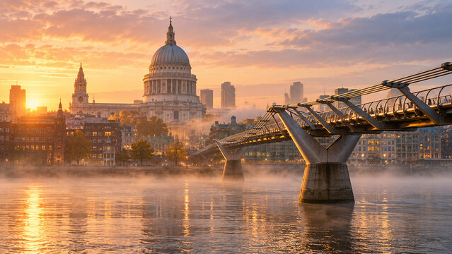 St Pauls Cathedral and Millennium Bridge at Sunrise